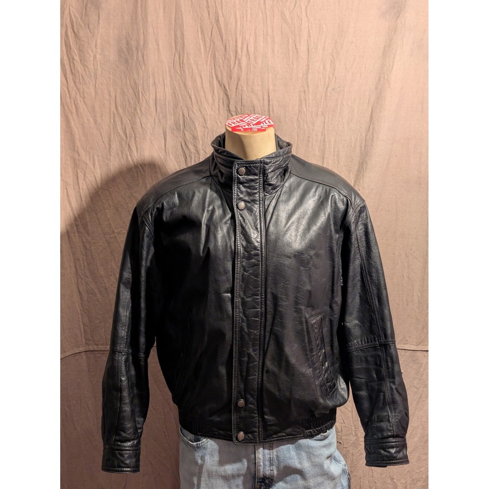 Members Only Leather Bomber Jacket Mens Large Black Fair Quilted Biker